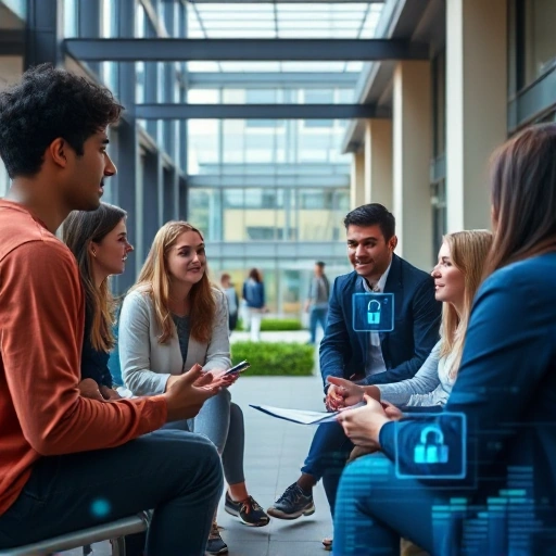 A modern university campus scene with students and faculty engaged in a discussion about ethics and safety in technology, featuring diverse individuals in a collaborative setting, subtle digital overlays representing data security and ethical guidelines, soft natural lighting, professional and thoughtful atmosphere
