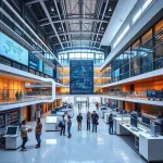 A modern university campus with futuristic architecture, students collaborating in high-tech labs, digital screens displaying engineering diagrams, and innovative research equipment, symbolizing innovative methods and approaches in education and technology