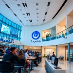 A modern university campus in Tashkent with students studying in a high-tech classroom, professors delivering lectures, digital screens showing educational content, and the Tuvpoliteh logo subtly integrated into the architecture, symbolizing its influence on education in Uzbekistan