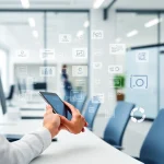 A clean, modern office scene showing a person using a tablet to automate workflow processes, with digital interface elements like flowcharts, data streams, and automation icons floating around, representing 'tuvpoliteh' as a tech brand, in a professional and organized environment