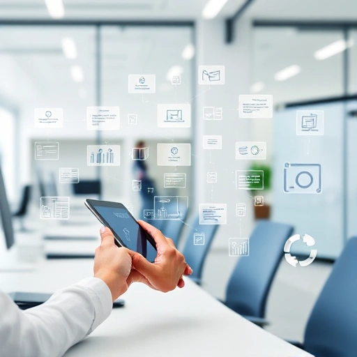 A clean, modern office scene showing a person using a tablet to automate workflow processes, with digital interface elements like flowcharts, data streams, and automation icons floating around, representing 'tuvpoliteh' as a tech brand, in a professional and organized environment