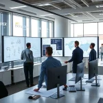 A modern engineering company office with engineers in professional attire reviewing blueprints and 3D models on large screens, sleek industrial design, bright natural light, minimalistic workspace, subtle company branding on glass walls, no text or logos visible