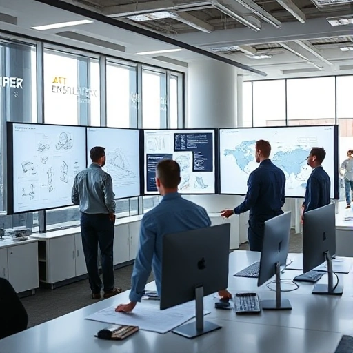 A modern engineering company office with engineers in professional attire reviewing blueprints and 3D models on large screens, sleek industrial design, bright natural light, minimalistic workspace, subtle company branding on glass walls, no text or logos visible