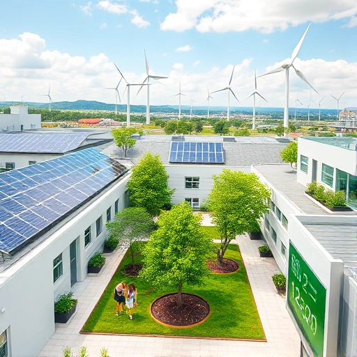 A modern university campus with solar panels on rooftops, students planting trees in a green courtyard, wind turbines in the background, and a digital display showing CO2 reduction metrics — all in a clean, hopeful, sustainable development theme