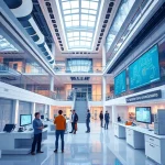 A modern university campus with futuristic architecture, students collaborating in a high-tech lab, digital screens displaying engineering diagrams, and a banner reading 'tuvpoliteh: новые горизонты' in Russian, all in a clean, vibrant, high-detail style