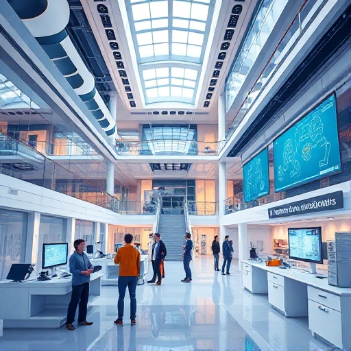 A modern university campus with futuristic architecture, students collaborating in a high-tech lab, digital screens displaying engineering diagrams, and a banner reading 'tuvpoliteh: новые горизонты' in Russian, all in a clean, vibrant, high-detail style