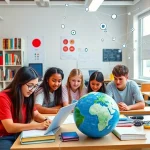 A diverse group of students of different ages and ethnicities engaged in collaborative learning in a modern classroom with digital tools, books, and global symbols like a globe and interconnected networks, representing the challenges and opportunities of contemporary education