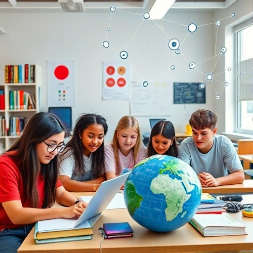 A diverse group of students of different ages and ethnicities engaged in collaborative learning in a modern classroom with digital tools, books, and global symbols like a globe and interconnected networks, representing the challenges and opportunities of contemporary education