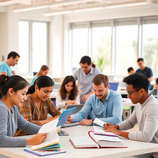 A diverse group of people of different ages, ethnicities, and abilities studying together in a bright, modern classroom with open books, laptops, and educational materials; soft natural light from large windows, inclusive and welcoming atmosphere, no text or symbols visible