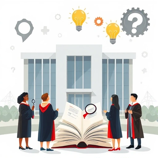 A symbolic illustration representing higher education: a modern university building with open books floating around it, a diverse group of students in academic gowns standing thoughtfully, one holding a magnifying glass over a diploma, another looking at a glowing lightbulb above their head, subtle gears and question marks woven into the background to represent myths and reality, soft natural lighting, realistic yet slightly metaphorical tone
