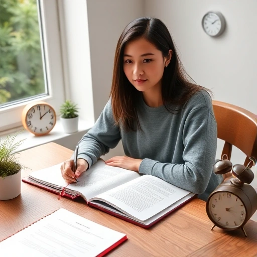A student sitting at a wooden desk with open textbooks, a notebook, and a cup of tea, surrounded by soft natural light from a window, with a small plant and a clock showing balanced time management, conveying calm focus and harmony between study and rest