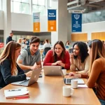 A diverse group of university students collaborating in a modern campus study space, sharing ideas around a table with laptops, notebooks, and coffee cups, warm natural lighting, inclusive atmosphere, subtle university banners in the background, focus on community and teamwork