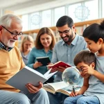 A diverse group of people of different ages and ethnicities engaged in lifelong learning activities: an elderly person reading a book, a young adult taking an online course on a laptop, a middle-aged person attending a workshop, and a child exploring science with a magnifying glass, all set in a bright, modern library with bookshelves, natural light, and subtle digital elements like floating icons of gears and globes, symbolizing continuous growth and knowledge