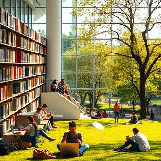 A diverse group of university students studying together in a bright library with books and laptops, while others relax on a nearby campus lawn playing frisbee and chatting under trees, showing a balanced student life between academics and leisure, warm natural lighting, realistic style