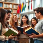 A diverse group of international students exchanging books and ideas in a modern university library, smiling and collaborating, with flags from different countries subtly visible in the background, warm natural lighting, high detail, realistic style