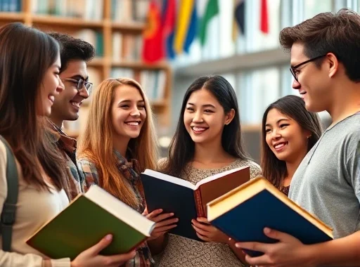 A diverse group of international students exchanging books and ideas in a modern university library, smiling and collaborating, with flags from different countries subtly visible in the background, warm natural lighting, high detail, realistic style