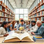 A diverse group of scholars from different cultures and backgrounds engaged in open discussion and research in a modern university library, surrounded by books, laptops, and symbols of knowledge like globes and open journals, conveying intellectual freedom and curiosity, soft natural lighting, realistic yet slightly idealized atmosphere