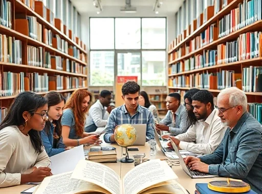 A diverse group of scholars from different cultures and backgrounds engaged in open discussion and research in a modern university library, surrounded by books, laptops, and symbols of knowledge like globes and open journals, conveying intellectual freedom and curiosity, soft natural lighting, realistic yet slightly idealized atmosphere