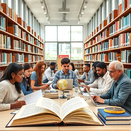 A diverse group of scholars from different cultures and backgrounds engaged in open discussion and research in a modern university library, surrounded by books, laptops, and symbols of knowledge like globes and open journals, conveying intellectual freedom and curiosity, soft natural lighting, realistic yet slightly idealized atmosphere