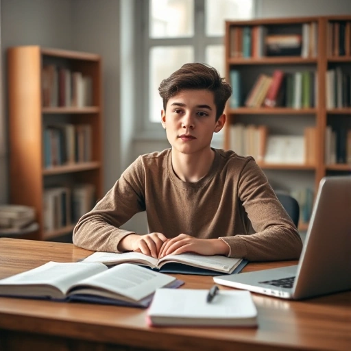A focused student sitting at a wooden desk with open textbooks, notebooks, and a laptop, surrounded by soft natural light from a window, subtle academic atmosphere with bookshelves in the background, calm and determined expression, minimalistic and clean composition, high detail, realistic lighting