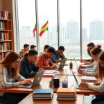 A diverse group of international students studying together in a modern university library with large windows showing a city skyline, books and laptops on tables, flags from different countries subtly visible in the background, warm natural lighting, realistic and detailed style