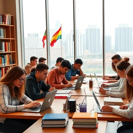 A diverse group of international students studying together in a modern university library with large windows showing a city skyline, books and laptops on tables, flags from different countries subtly visible in the background, warm natural lighting, realistic and detailed style