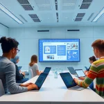 A modern virtual classroom with diverse students using laptops and tablets, interactive digital whiteboard showing educational content, soft natural lighting, futuristic yet approachable design, high detail, clean composition