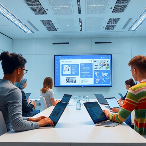 A modern virtual classroom with diverse students using laptops and tablets, interactive digital whiteboard showing educational content, soft natural lighting, futuristic yet approachable design, high detail, clean composition