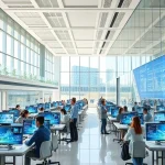 A modern university campus with futuristic classrooms, students using holographic displays and AI-powered learning tools, diverse group of learners collaborating in a bright, open space with digital screens showing data visualizations, sleek architecture blending glass and sustainable materials, soft natural light, high detail, realistic yet slightly idealized educational innovation scene