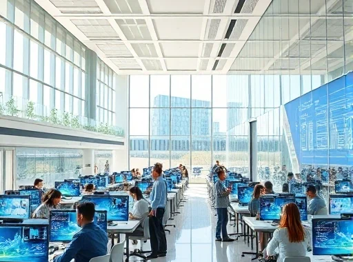 A modern university campus with futuristic classrooms, students using holographic displays and AI-powered learning tools, diverse group of learners collaborating in a bright, open space with digital screens showing data visualizations, sleek architecture blending glass and sustainable materials, soft natural light, high detail, realistic yet slightly idealized educational innovation scene