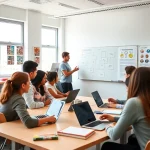 A modern classroom with diverse students actively engaged in collaborative learning, using laptops and notebooks, a teacher guiding discussion at a whiteboard with diagrams, bright natural light from large windows, educational posters on walls, clean and organized environment, focus on effective learning methods