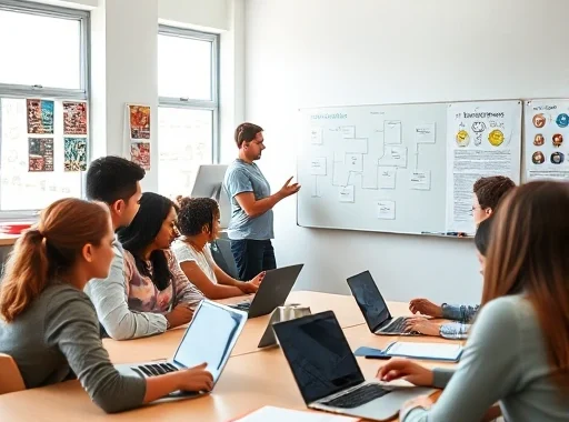 A modern classroom with diverse students actively engaged in collaborative learning, using laptops and notebooks, a teacher guiding discussion at a whiteboard with diagrams, bright natural light from large windows, educational posters on walls, clean and organized environment, focus on effective learning methods