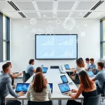 A modern university classroom with diverse students using tablets and laptops, interactive smartboard displaying educational graphs, holographic projections of scientific concepts floating in the air, bright natural light from large windows, sleek minimalist design, focus on innovation and technology in higher education