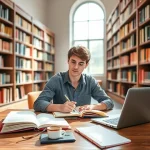 A focused student sitting at a wooden desk in a bright university library, surrounded by open textbooks, a laptop with notes, a coffee cup, and a planner with a checklist. Sunlight streams through a large window, highlighting dust motes in the air. The student wears casual but neat clothing, has a determined expression, and is actively writing in a notebook. Bookshelves filled with academic volumes line the background. The atmosphere is calm, productive, and inspiring — embodying dedication and