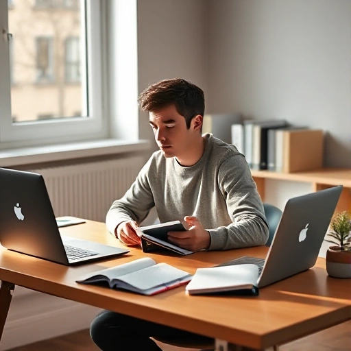 A person sitting at a desk with books, a laptop, and notebooks, engaged in self-study with focused expression, soft natural lighting from a window, minimalistic modern room, calm and productive atmosphere