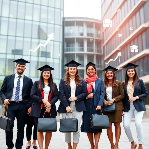 A diverse group of recent university graduates in professional attire standing confidently in front of modern office buildings, holding briefcases and smiling, with subtle icons of career growth like upward arrows, networking connections, and briefcase symbols floating softly in the background, conveying opportunity and success after graduation