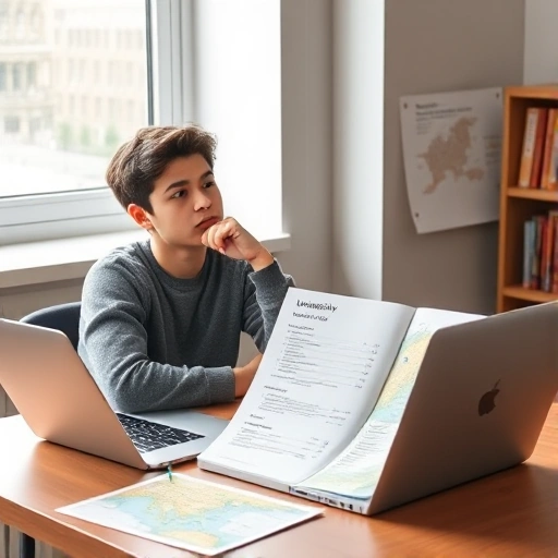 A thoughtful high school student sitting at a desk with open university brochures, a laptop showing university rankings, and a map of cities with pinned locations, soft natural light from a window, calm and focused atmosphere, modern study room interior