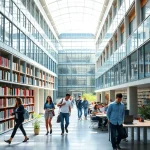 A modern university campus with diverse students studying in a bright library, walking between academic buildings, and collaborating in a tech-equipped classroom, symbolizing top higher education institutions for students