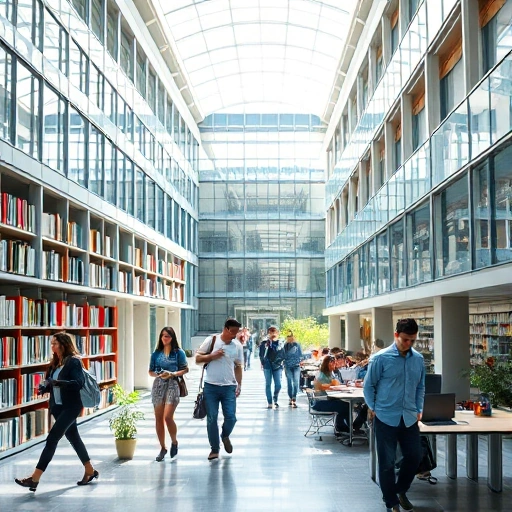 A modern university campus with diverse students studying in a bright library, walking between academic buildings, and collaborating in a tech-equipped classroom, symbolizing top higher education institutions for students