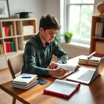 A focused student sitting at a wooden desk with open textbooks, notebooks, and a laptop, surrounded by soft natural light from a window, with subtle academic symbols like a graduation cap and bookshelf in the background, calm and motivating atmosphere, realistic style, high detail