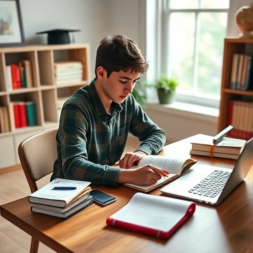 A focused student sitting at a wooden desk with open textbooks, notebooks, and a laptop, surrounded by soft natural light from a window, with subtle academic symbols like a graduation cap and bookshelf in the background, calm and motivating atmosphere, realistic style, high detail
