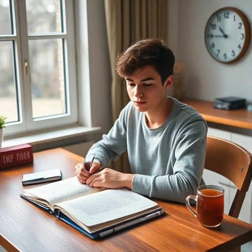 A calm student sitting at a wooden desk with open textbooks and a notebook, soft natural light from a window, a cup of tea nearby, a clock showing 3:00 PM, minimal distractions, peaceful atmosphere, subtle focus on effort and preparation, no visible stress or panic