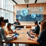 A modern university classroom with diverse students using tablets and VR headsets, interactive holographic displays showing complex scientific concepts, professors guiding collaborative group work, bright natural light from large windows, sleek minimalist design with warm wood accents, futuristic yet approachable educational environment