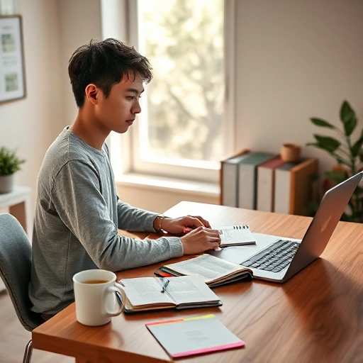 A focused university student sitting at a wooden desk in a bright, modern study room, surrounded by open textbooks, a laptop with notes, a coffee cup, and a planner with colorful sticky notes; soft natural light from a window, minimalistic decor, calm and productive atmosphere, realistic style with fine details