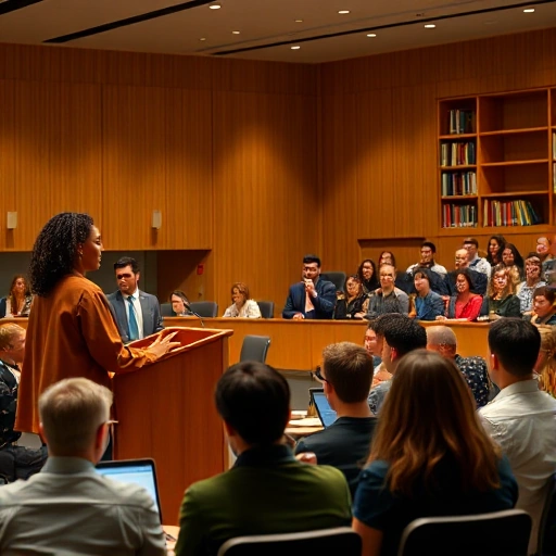 A modern university lecture hall with diverse professors standing at a podium, teaching engaged students, warm lighting, academic atmosphere, subtle books and laptops in background, realistic but slightly idealized, no text or symbols visible