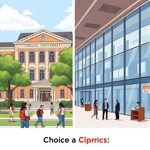 A split-screen illustration showing two contrasting university campuses: on the left, a modest, older public university building with students walking in simple clothing, carrying backpacks, and studying under trees; on the right, a modern, well-equipped private university campus with sleek glass buildings, students in formal attire using laptops in a high-tech library, and a visible tuition fee sign. The atmosphere is balanced and neutral, emphasizing choice without bias. No text, letters, or d
