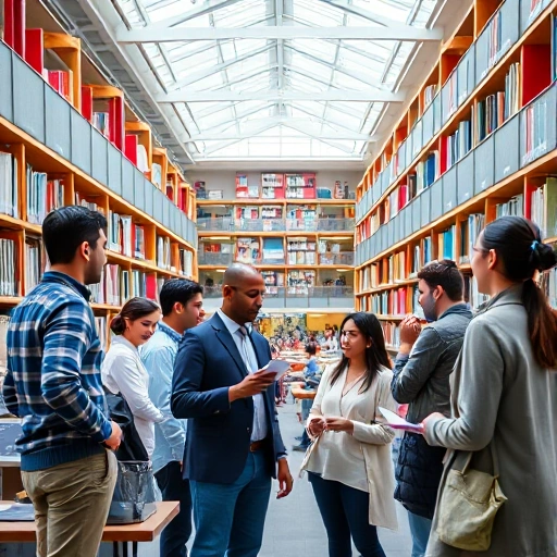 A modern university campus with diverse students and professors collaborating in a bright, well-lit library or classroom, showing professional development through mentorship, workshops, and research activities, realistic style, high detail, natural lighting