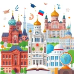A vibrant collage of famous Russian universities with iconic buildings like Moscow State University, Saint Petersburg State University, and Kazan Federal University, surrounded by floating icons representing academic achievements: open books, graduation caps, microscopes, and globes, all in a bright, inspiring educational atmosphere with soft sunlight and modern flat design elements