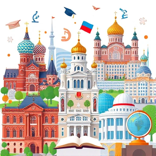 A vibrant collage of famous Russian universities with iconic buildings like Moscow State University, Saint Petersburg State University, and Kazan Federal University, surrounded by floating icons representing academic achievements: open books, graduation caps, microscopes, and globes, all in a bright, inspiring educational atmosphere with soft sunlight and modern flat design elements
