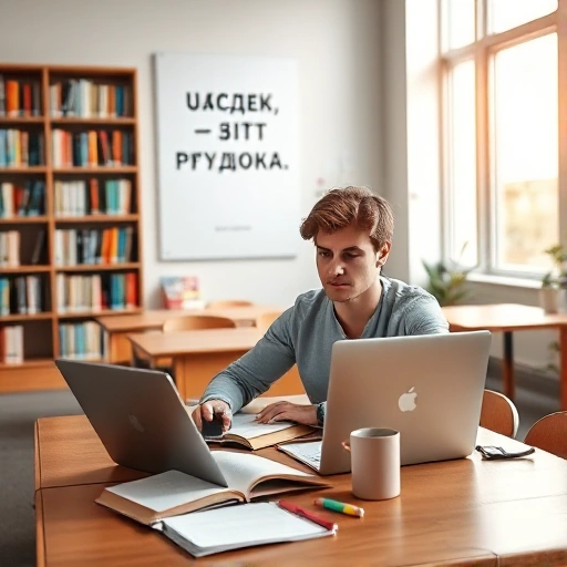 A focused student sitting at a wooden desk in a bright university library, surrounded by open textbooks, a laptop with notes, a coffee cup, and soft natural light coming from a large window. On the wall behind, a motivational poster in Russian reads 'Успех — это привычка'. The atmosphere is calm, productive, and inspiring, with subtle details like a planner, highlighters, and a potted plant. No text or letters visible on any surfaces except the poster, which is blurred enough to avoid legibility